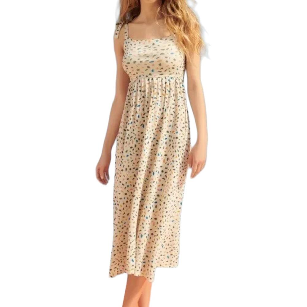 Zara Confetti Print Tie Strap Midi Dress Medium Yellow Stretch Knit Pockets